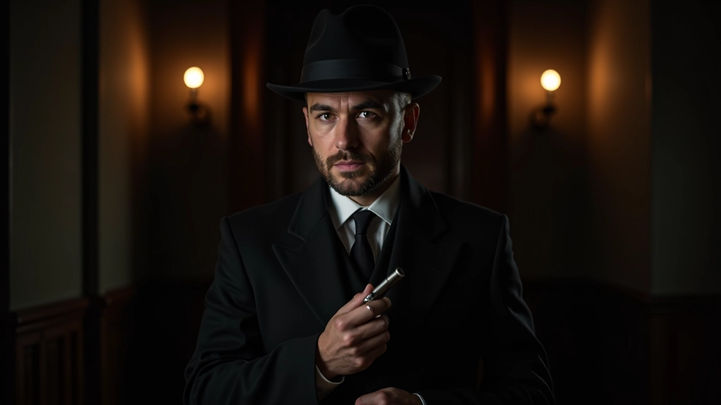 A person in character costume at a mystery event, holding a prop and looking serious in a dimly lit room