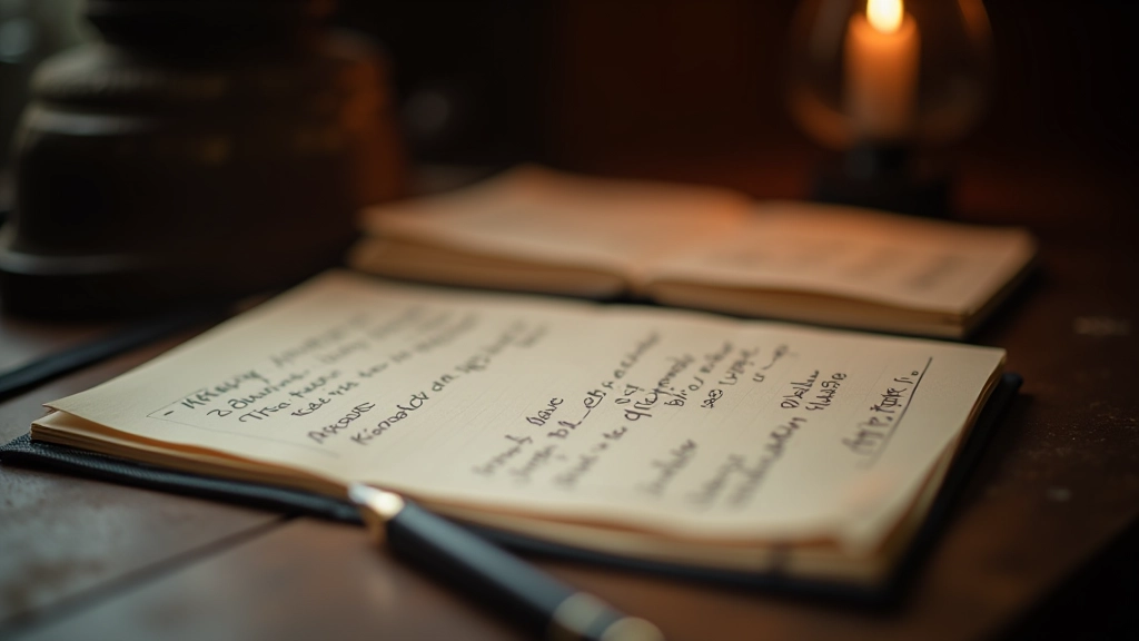 Close-up of a character notebook with handwritten notes, character sketches, and mystery plot clues on a wooden desk with vintage items