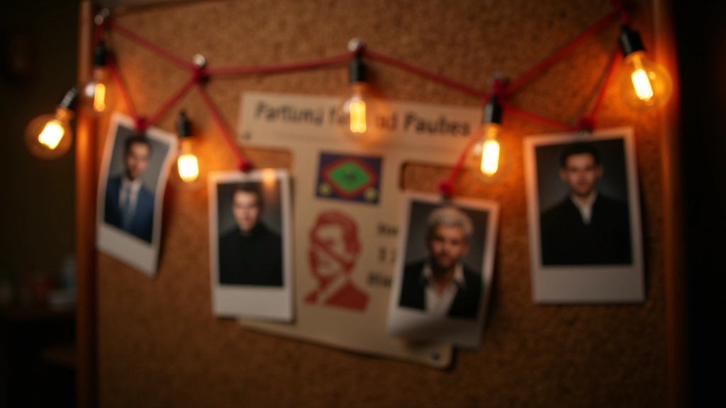 Vintage detective board with photographs, red string connections, and mystery clues pinned on a cork board with warm office lighting