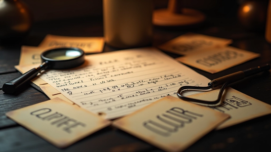 Close-up of detective notes, magnifying glass, and clue cards spread across a surface