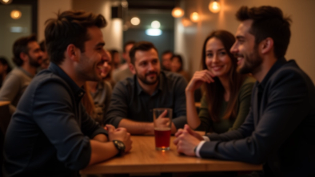 People gathered in a modern social space, laughing and discussing strategy, warm evening lighting