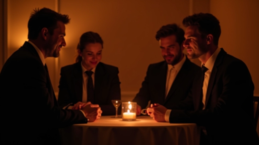 Group of mystery event participants in costume at a dramatic moment of the evening, showing genuine engagement and interaction