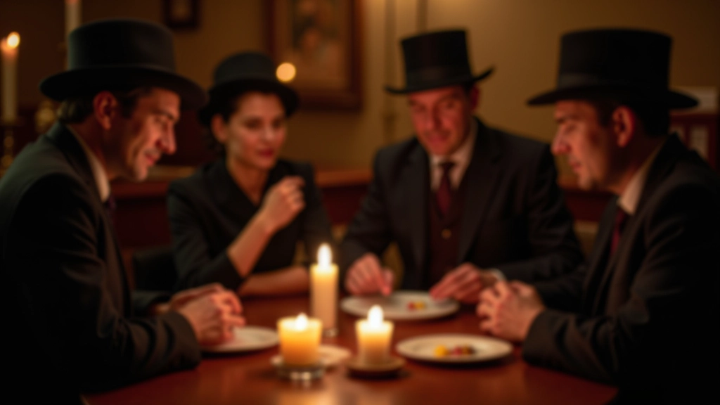 A group of people in period costumes at a mystery event, interacting with props and displaying varied character expressions