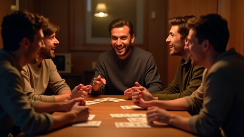 Players laughing and reacting around table with revealed role cards showing after game conclusion