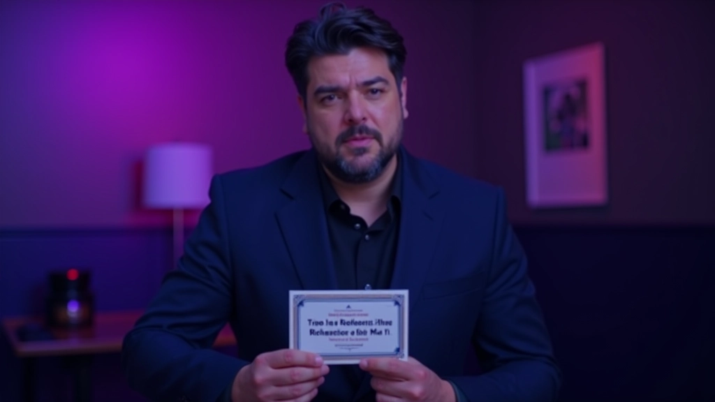 A moderator in a dimly lit game space, holding a scenario card, looking focused while managing an active mystery event