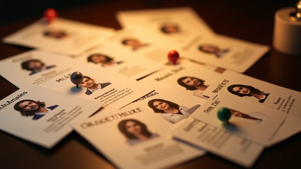 Character profiles displayed showing suspect names, motives, alibis, and relationship connections mapped with lines and notes