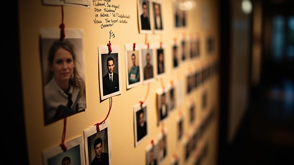 Revelation scene showing detective-style evidence board with photos, timeline, and red string connections revealing unexpected patterns