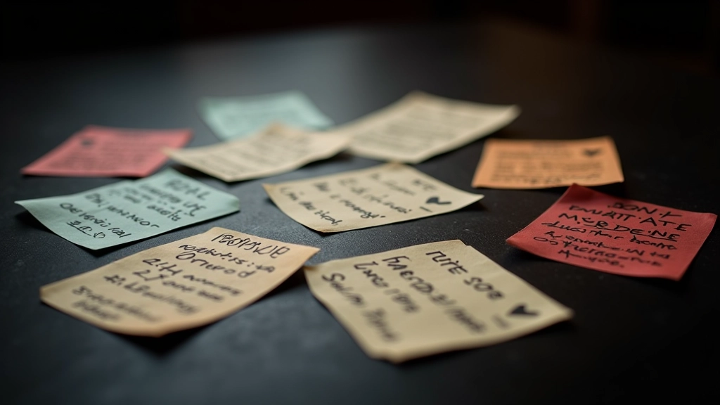 Array of different mystery clue cards showing various types: physical evidence, witness statements, timeline details, and behavioral clues
