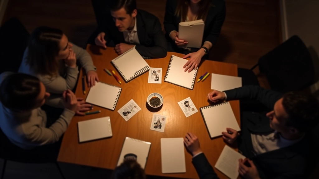 Gameplay session showing players gathered around table examining clue cards and discussing deductions with Game Master notes visible