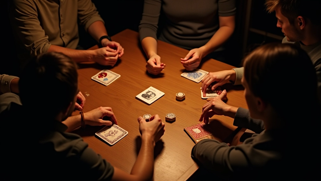 A dimly lit room with players seated around a wooden table, mystery game in progress with cards and voting tokens visible