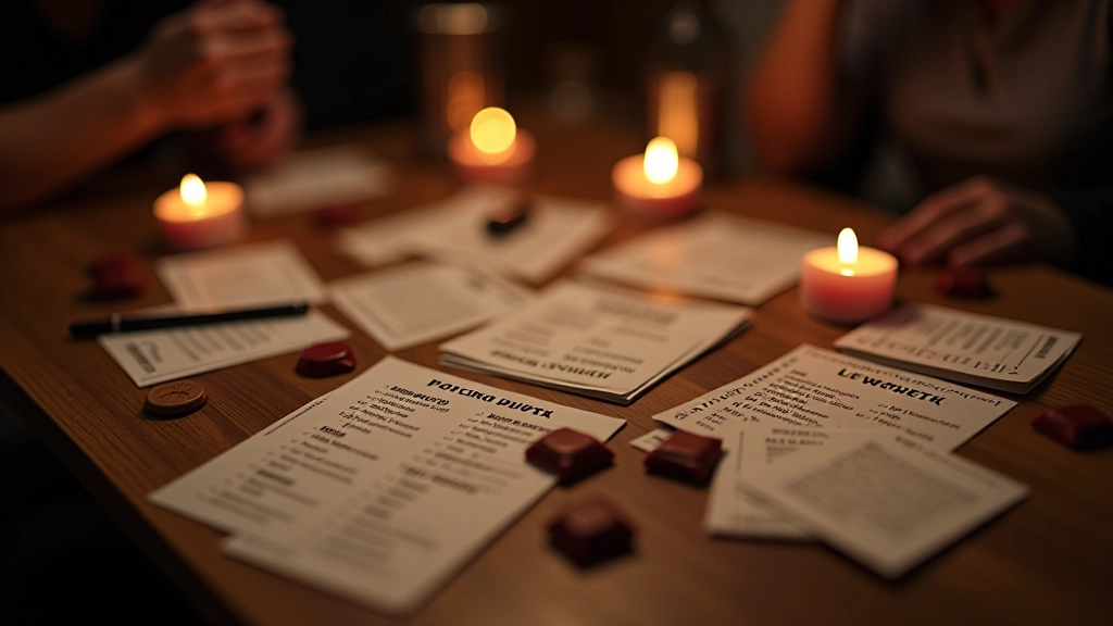 A wooden table set up for a game night with character cards, voting tokens, and a moderator's guide laid out
