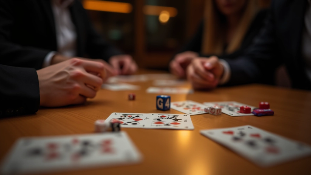 Game cards and dice arranged on table with players' hands visible, intense concentration during gameplay